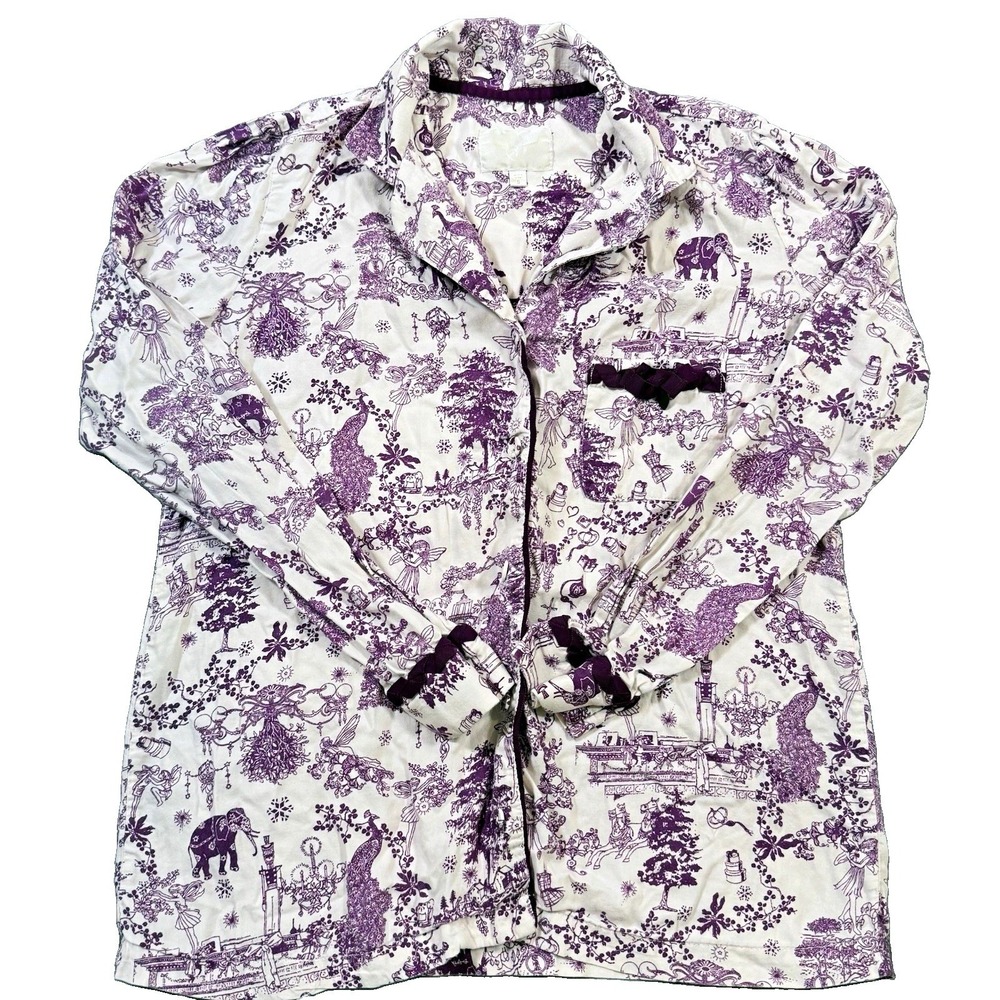 Victorias Secret Pajama Top S Purple Toile Elephant Peacock Flannel PJ Shirt
